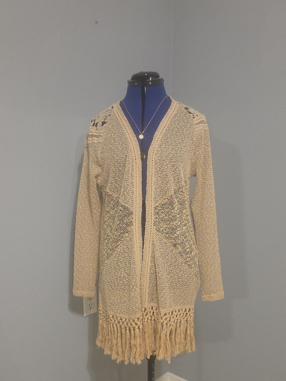 Miss Me Beige Open-Knit Fringe Cardigan